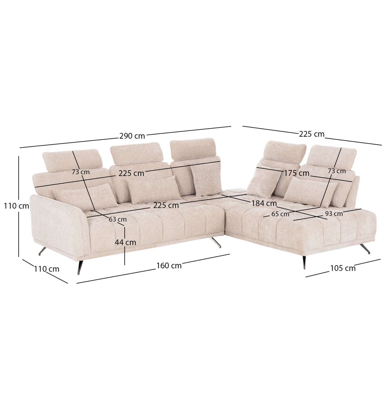 Диван ъглов десен 5-местен MYRON SM3318.02R екрю плат 290x110-225x110