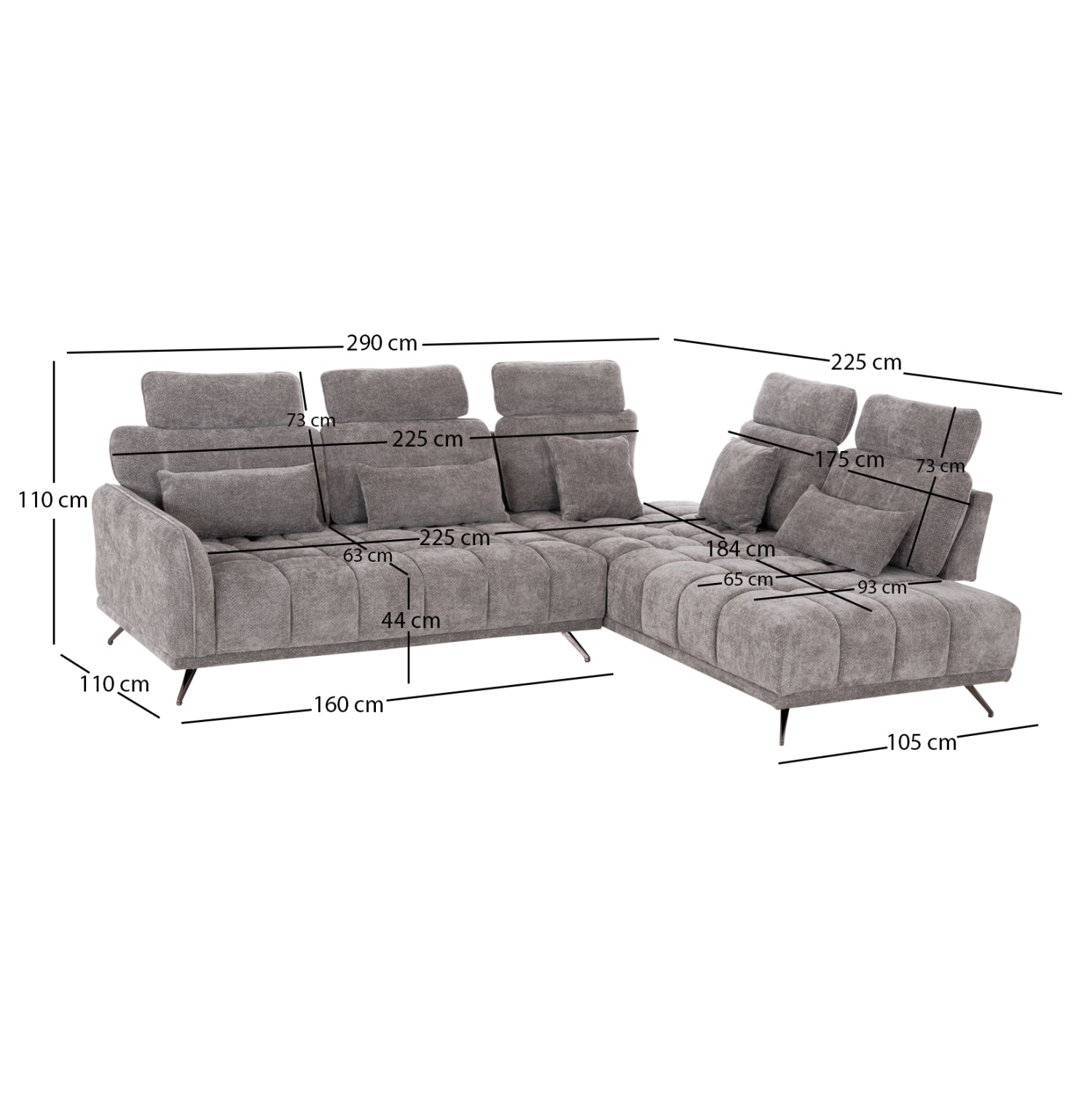 Диван ъглов десен 5-местен MYRON SM3318.01R сив плат 290x110-225x110 с