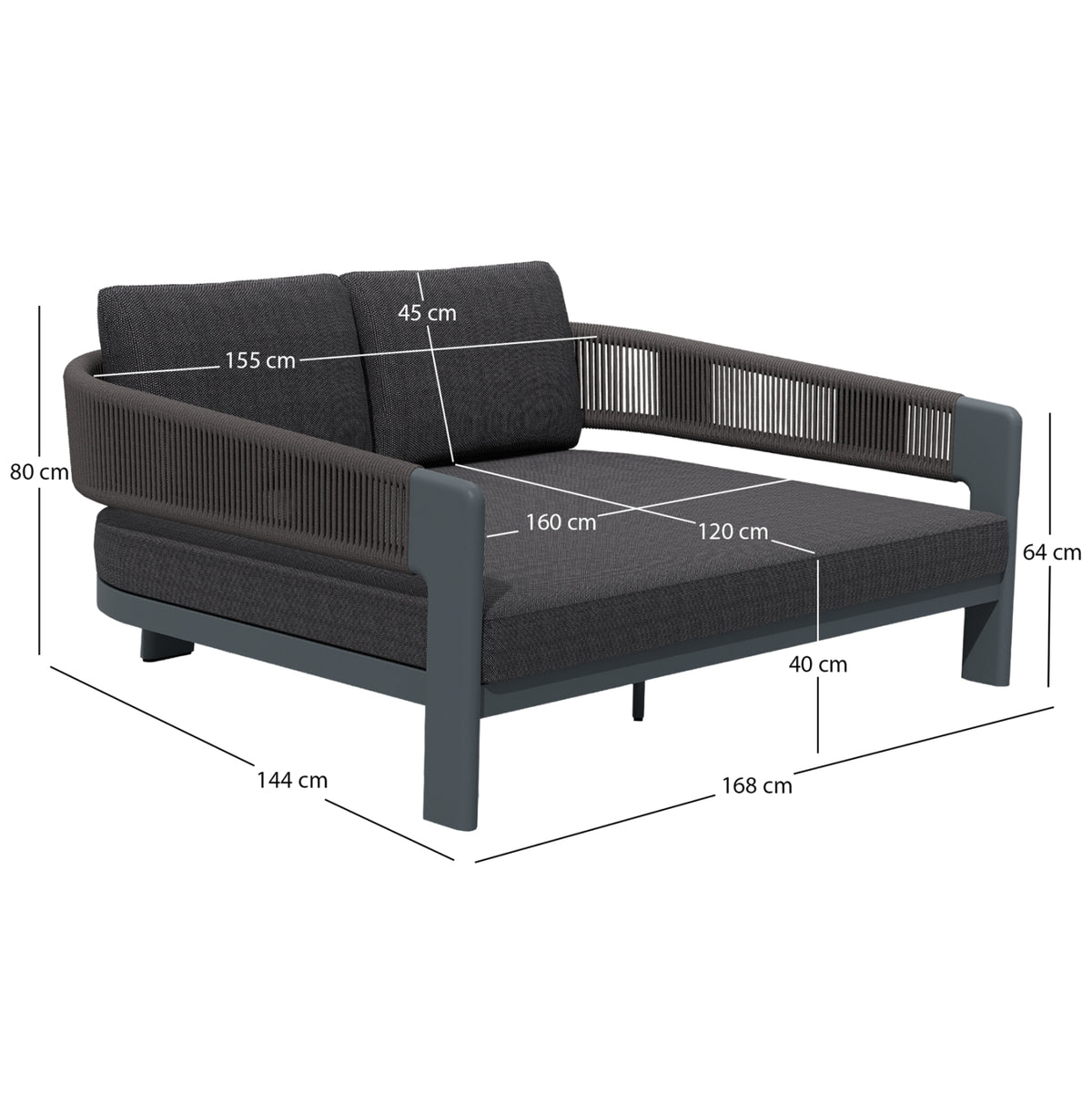 Двойно дневно легло Тиара тъмносив алуминий-въже-OLEFIN 168x143x70 см