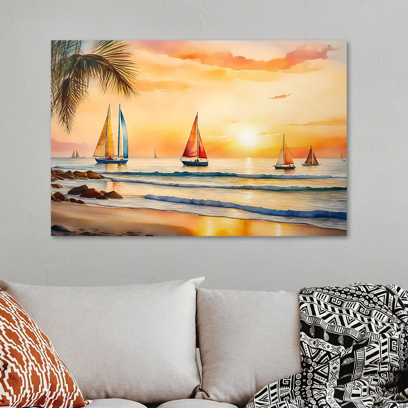 Картина "Tropical Sails at the sunset" дигитален печат върху платно 100x70x3cm.