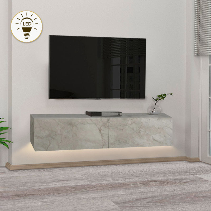 Меламинов стенен ТВ шкаф Aristo с LED осветление в бял мраморен ефект 135x31.6x25cm.
