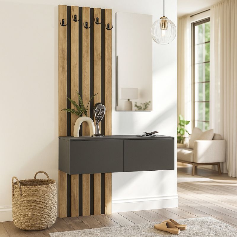 Kanso метален закачалка с меламин в антрацит - цвят сив дъб 100x35x196.7cm.
