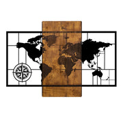 Дървено-метална стенна декорация World Map в цвят орех-черно 85x3x58cm.