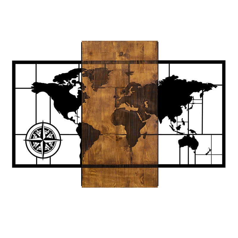 Дървено-метална стенна декорация World Map в цвят орех-черно 85x3x58cm.