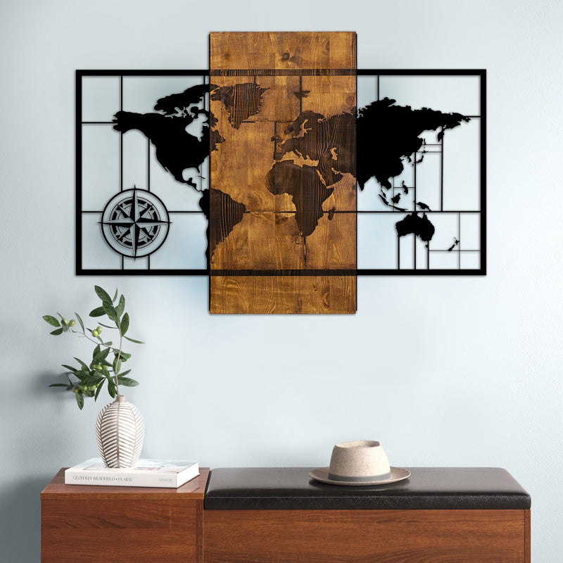 Дървено-метална стенна декорация World Map в цвят орех-черно 85x3x58cm.