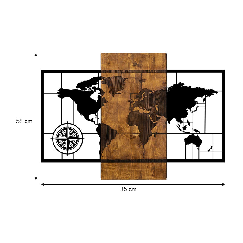 Дървено-метална стенна декорация World Map в цвят орех-черно 85x3x58cm.