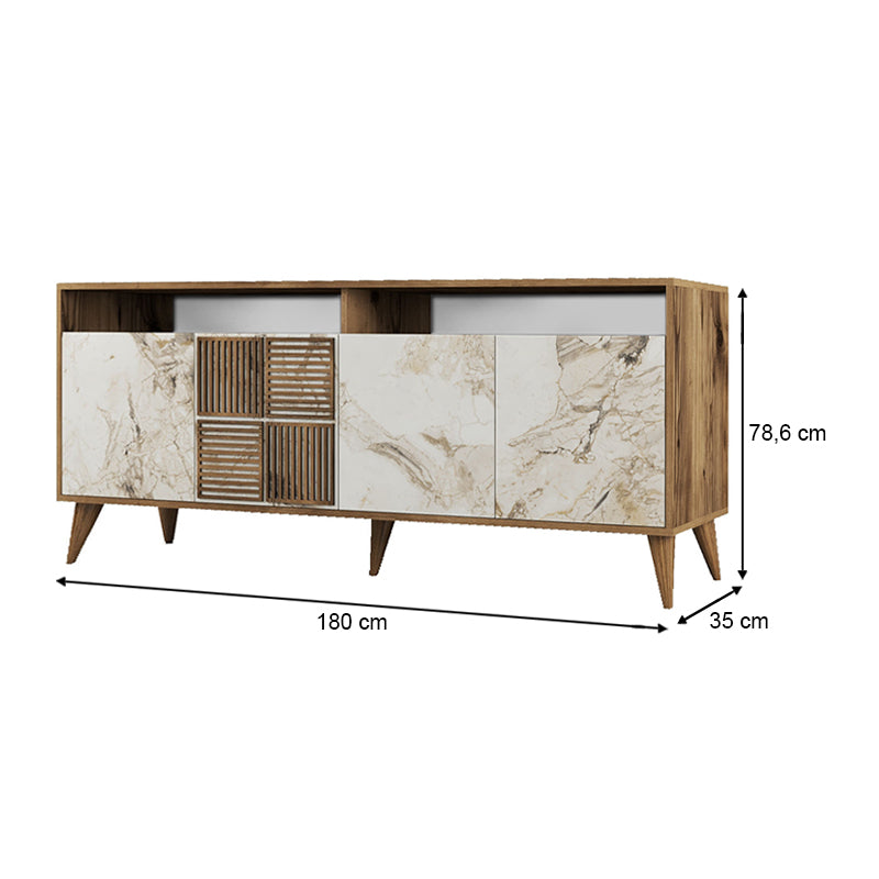 Меламинов бюфет Milan в цвят орех - ефект бял мрамор 180x35x78,6cm.