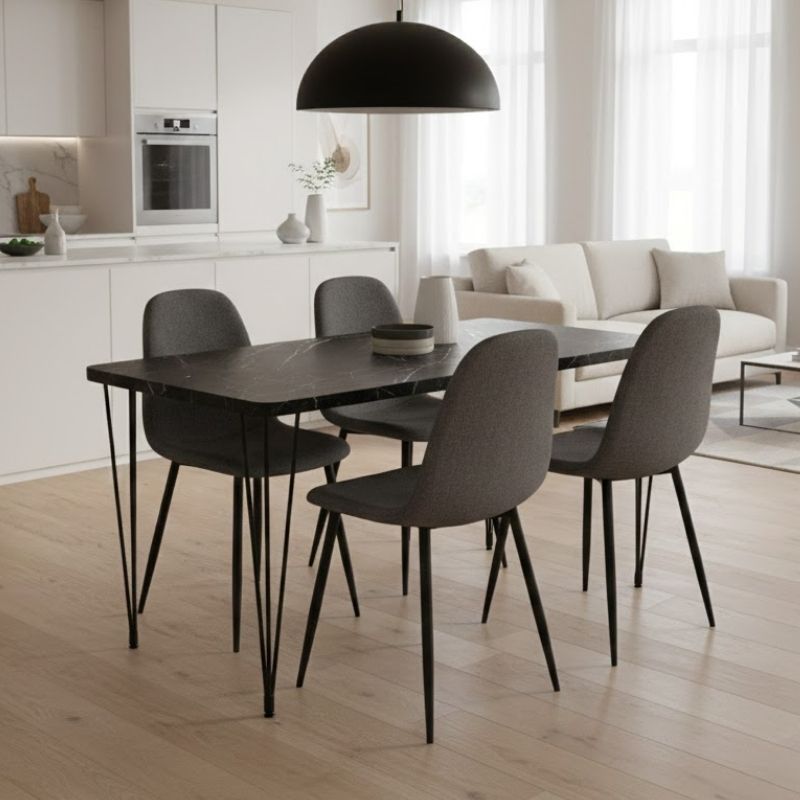 Dining трапезен комплект 5 части Roger - Iris MDF - плат черен мрамор - сив 120x70x75cm.