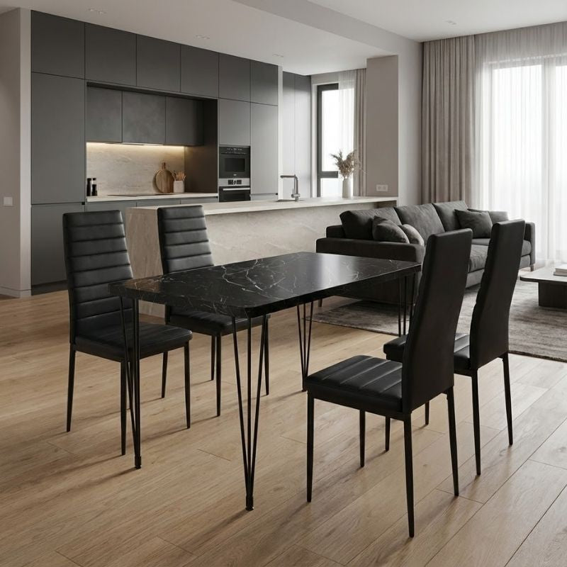 Dining трапезен комплект 5 части Roger - Rosa MDF - PU черен мрамор - черен 120x70x75cm