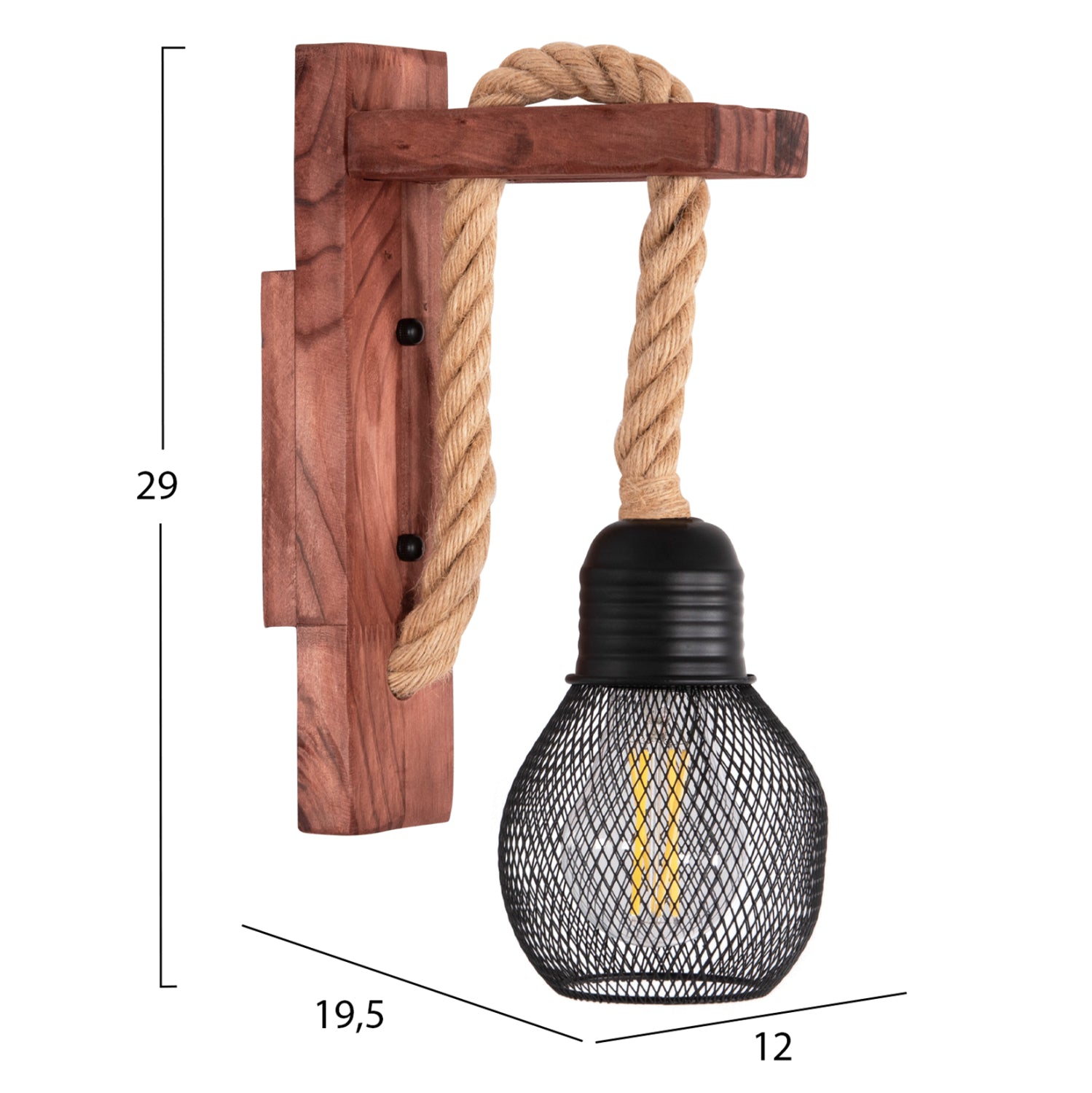 Стенен аплик BARN2 дървена основа-канапено въже-метал 12x19.5x29Hcm.