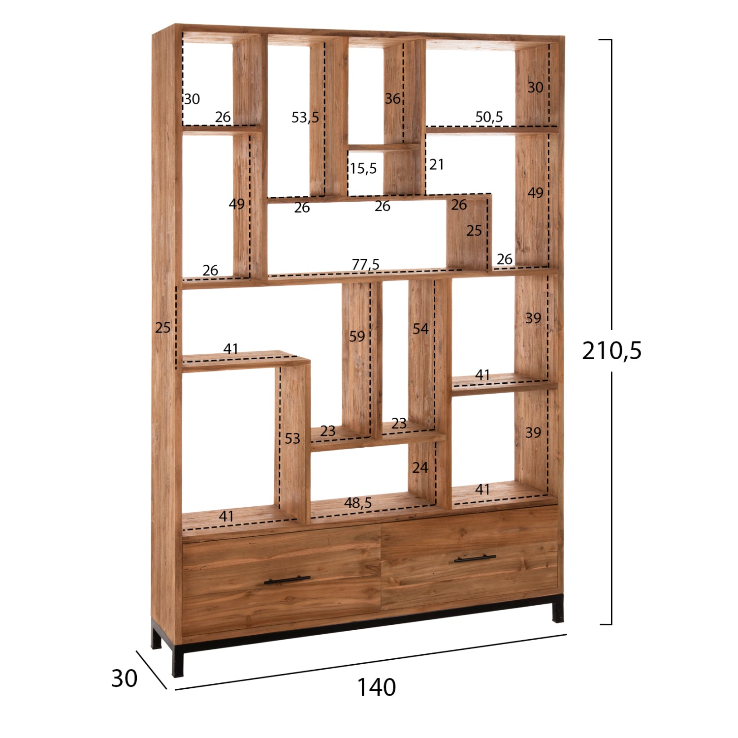 РАФТ ЗА КНИГИ ROMULUS РЕЦИКЛИРАН ТИК - 2 ЧЕКМЕДЖЕТА 140x30x210,5Hсм.