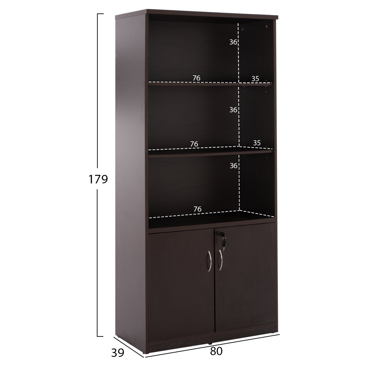 Професионален офисен шкаф за книги цвят венге с 2 врати 80x40x180