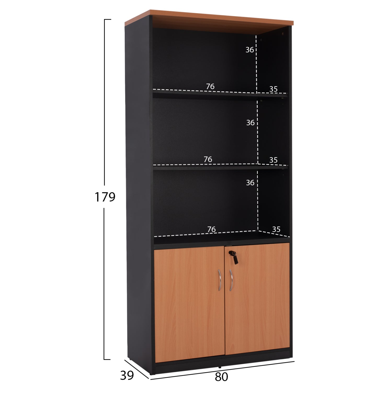 Професионален офисен шкаф за книги цвят дъб с 2 врати 80x40x180