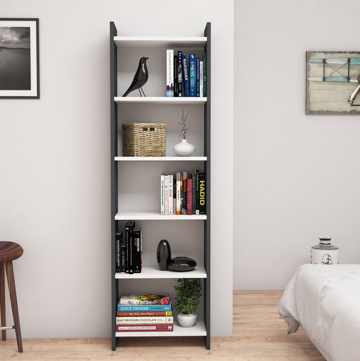 РАФТ ЗА КНИГИ CLASSIKER МЕЛАМИН ТЪМНОСИВО-БЯЛО 48,5x22x160Hсм.