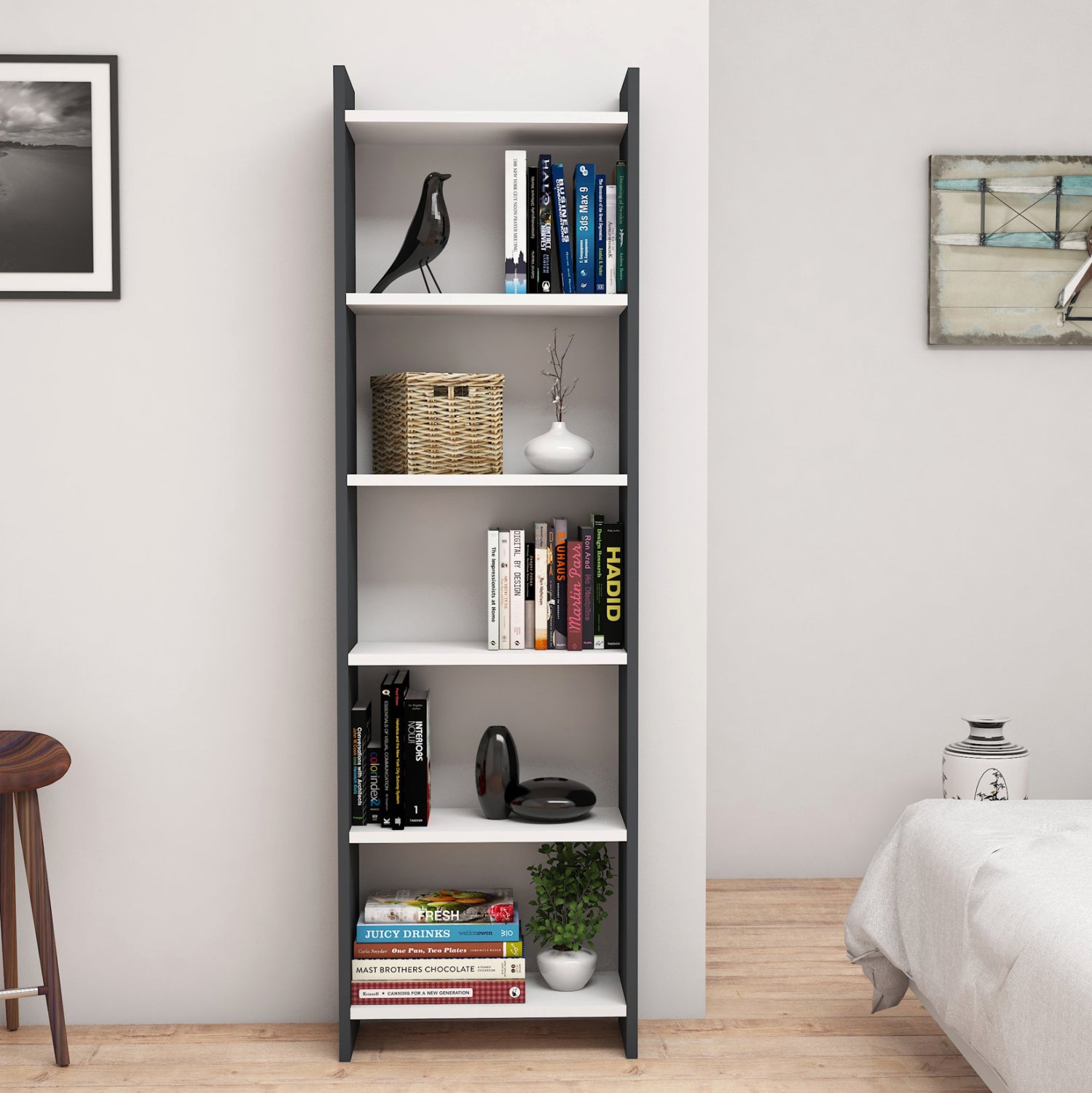 РАФТ ЗА КНИГИ CLASSIKER МЕЛАМИН ТЪМНОСИВО-БЯЛО 48,5x22x160Hсм.