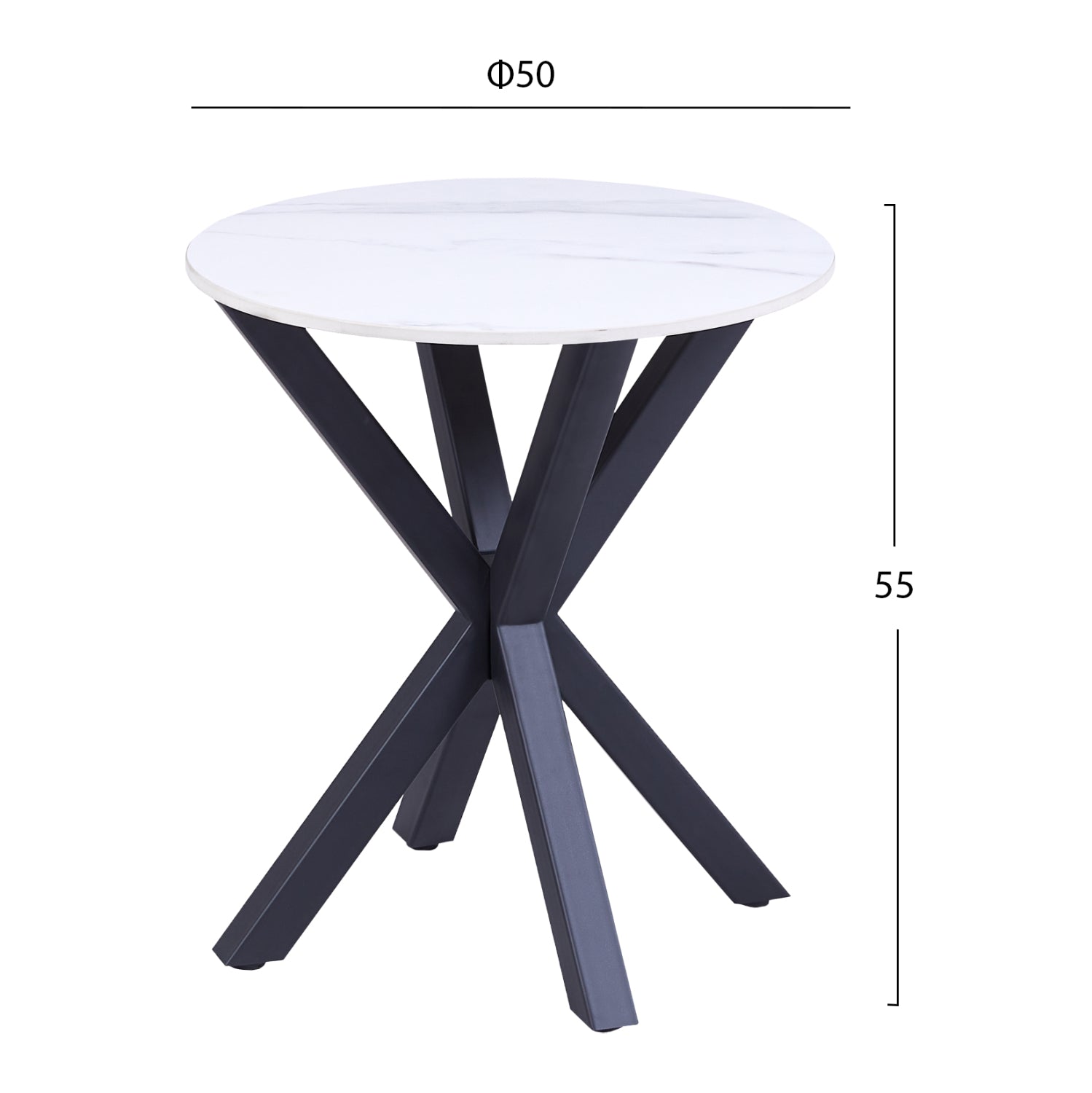 Кръгла помощна маса с бял мраморен плот и черни метални крака Φ50x55Hcm.