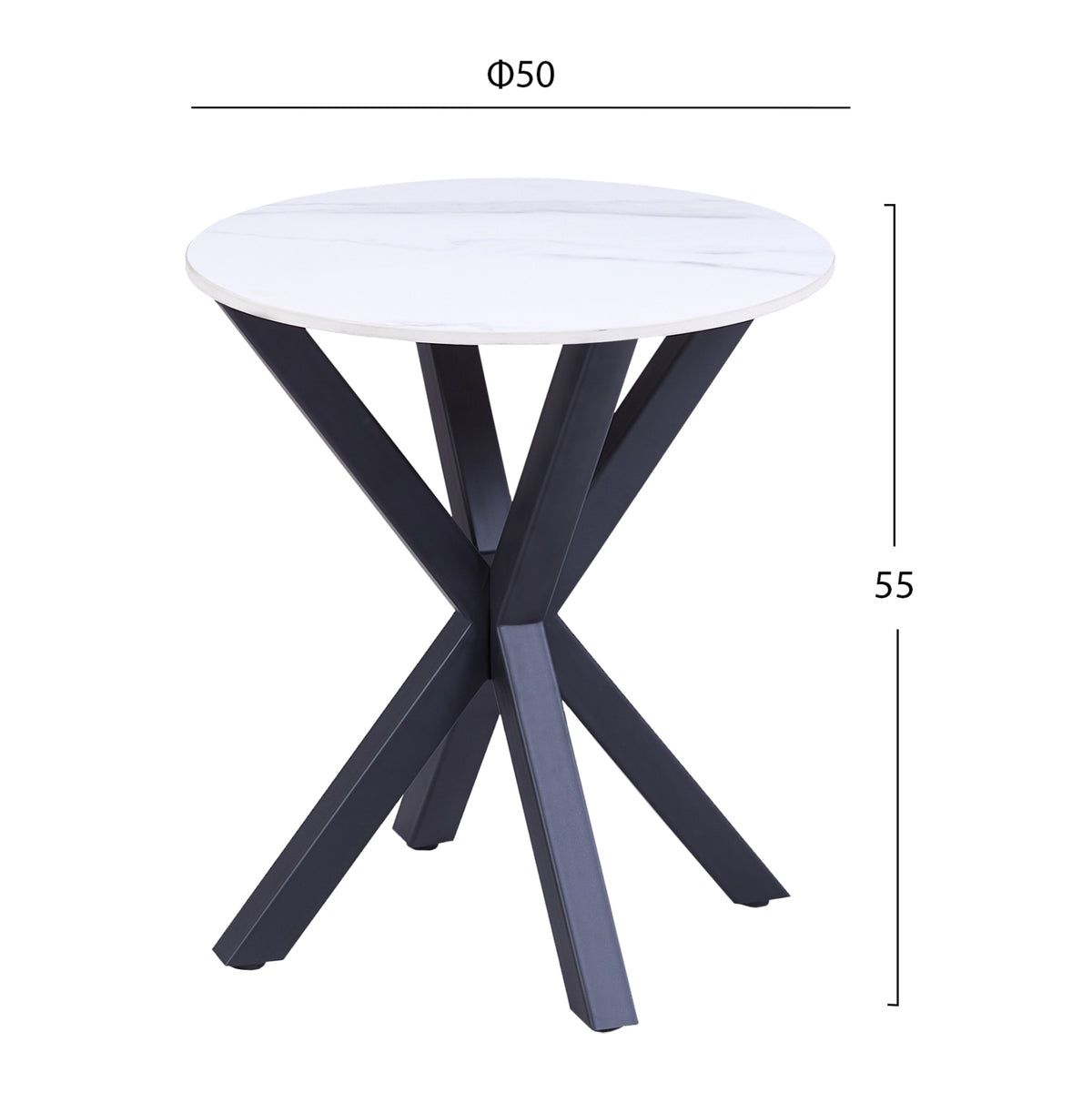 Кръгла помощна маса с бял мраморен плот и черни метални крака Φ50x55Hcm.