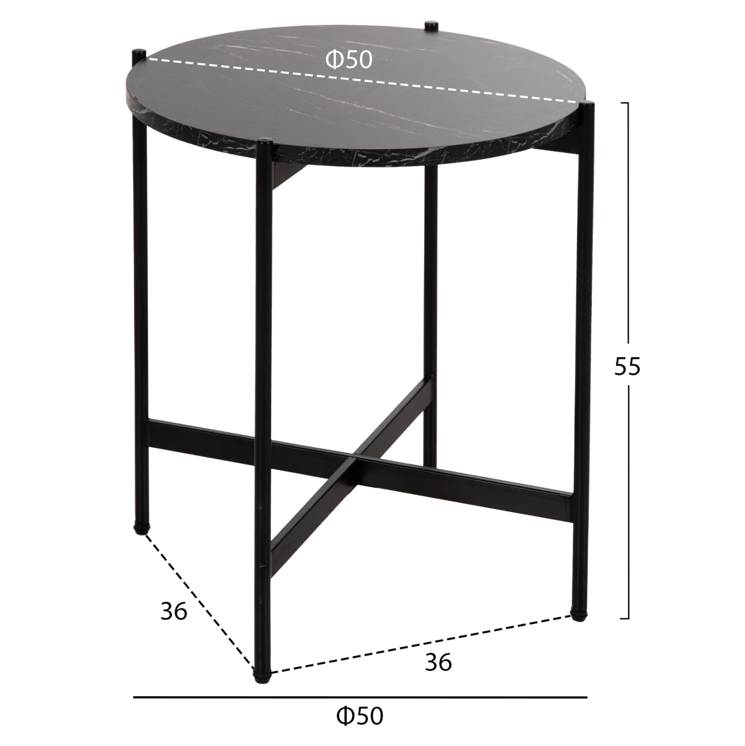 Странична маса MDF черен мрамор - черна метална основа Φ50x55Hсм.