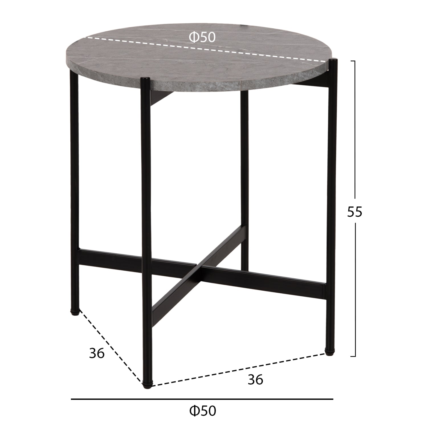 Странична маса MDF сив мрамор - черна метална основа Φ50x55Hсм.