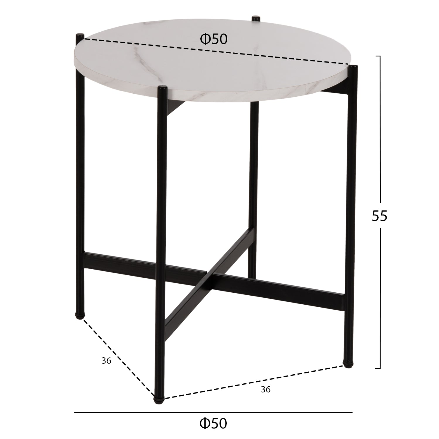 СТРАНИЧНА МАСА MDF БЯЛ МРАМОР-ЧЕРНА МЕТАЛНА ОСНОВА Φ50x55Hсм.