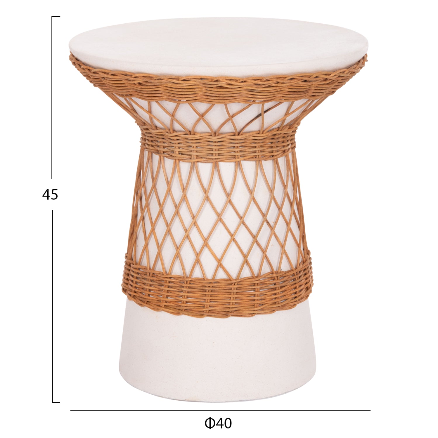 КРЪГЛА СТРАНИЧНА МАСА DELIA ФИБРОЦИМЕНТ БЯЛ & РАТАН Φ40x45Hсм.