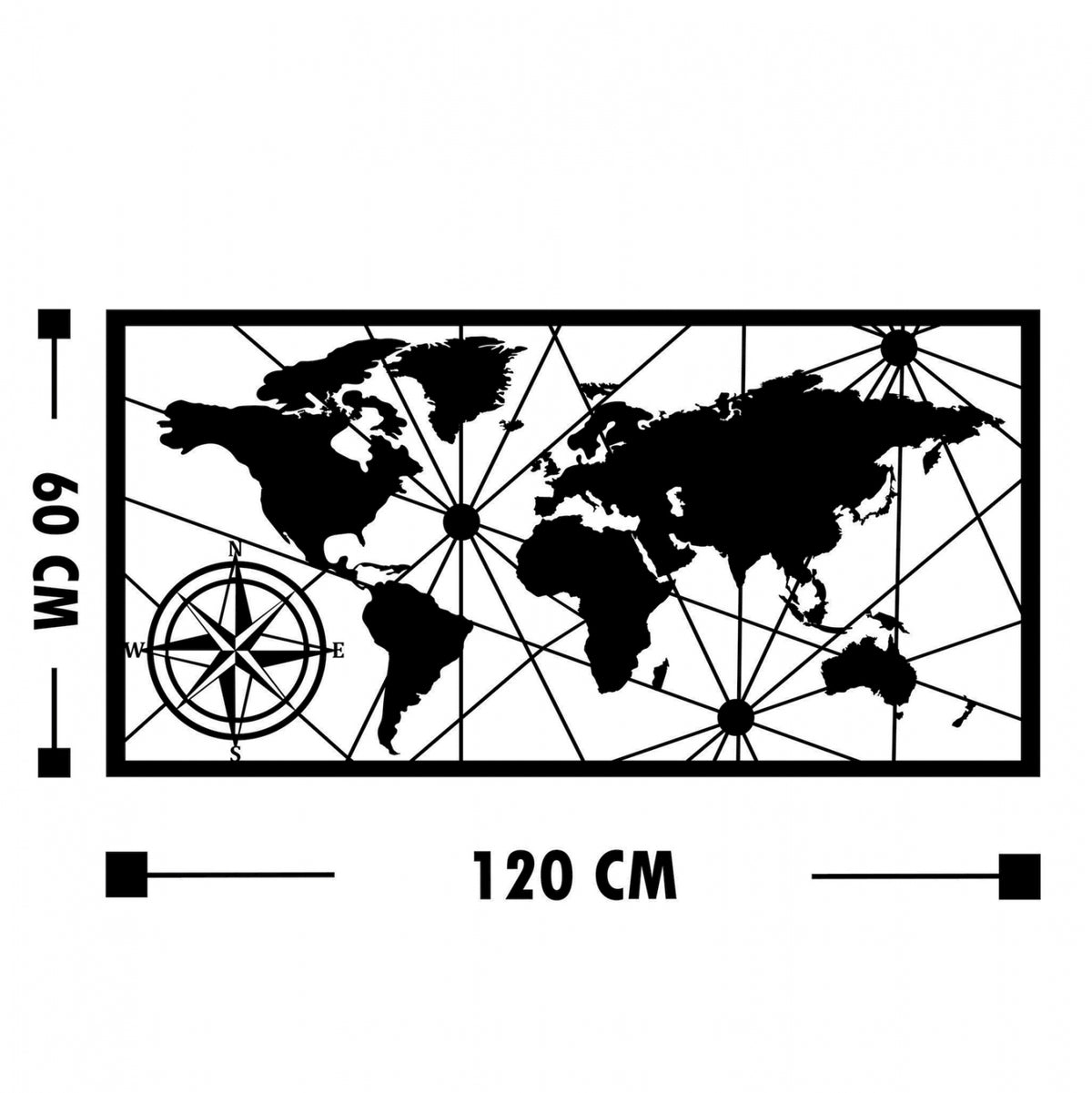 СТЕННА ДЕКОРАЦИЯ 100% МЕТАЛ ЧЕРНА СВЕТОВНА КАРТА 120x1,5x60