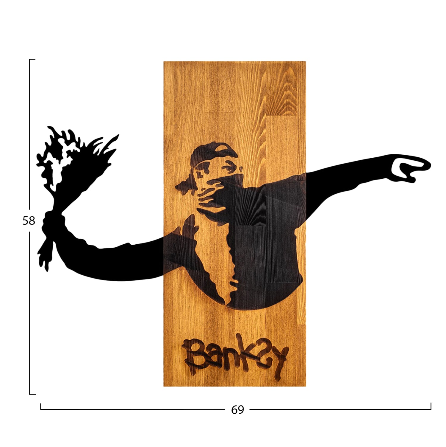 Декорация за стена Banksy -метал в черно-дърво 69x3(дебелина)x58Всм.