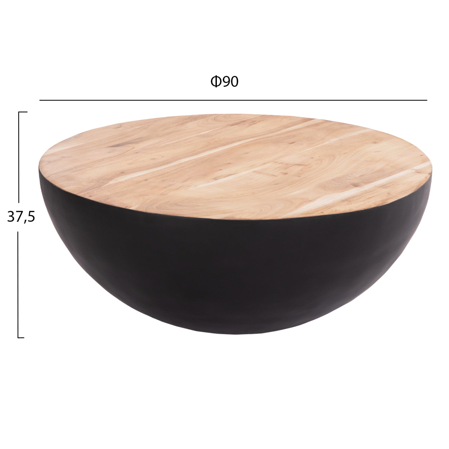 Декоративна кръгла холна маса BOWL черна с плот акация Φ90x37,5см