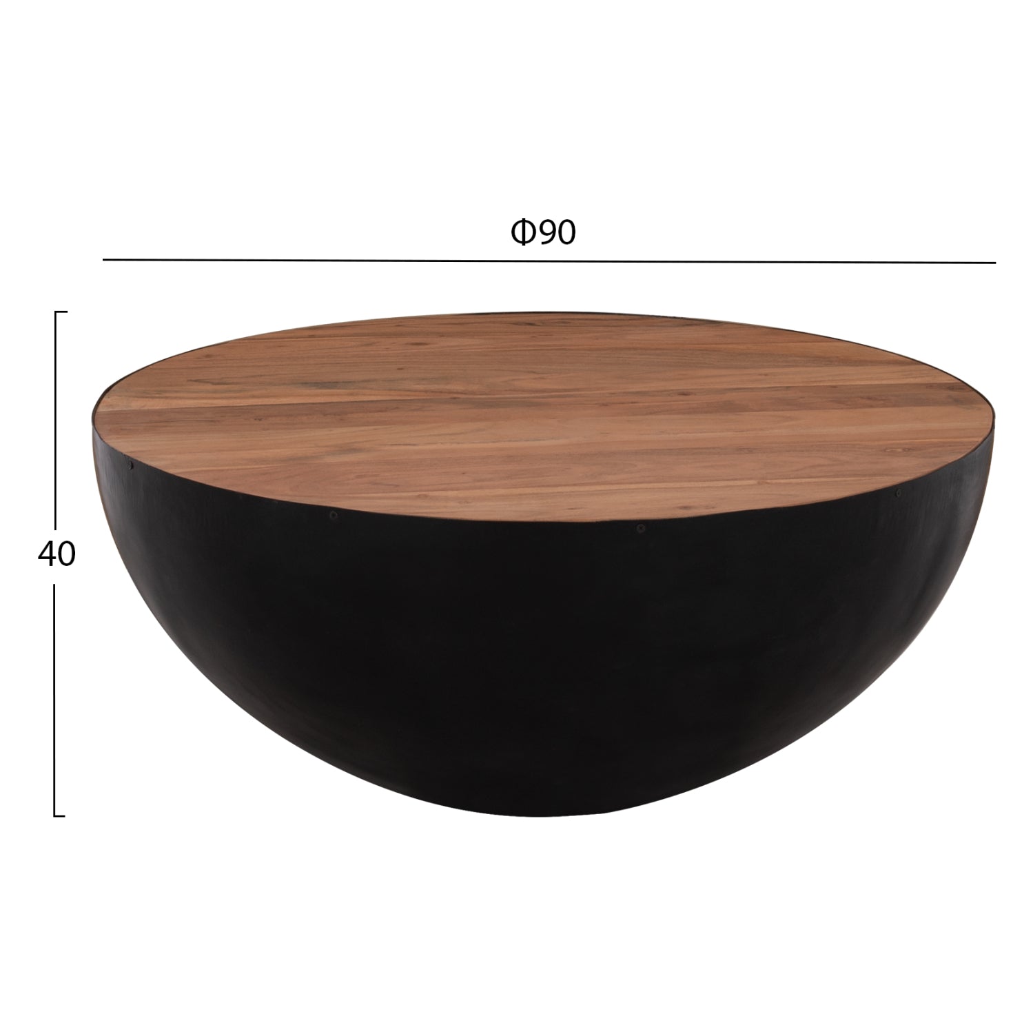 Декоративна кръгла масичка за кафе Bowl Ф90x40 см, черна с акациево дърво