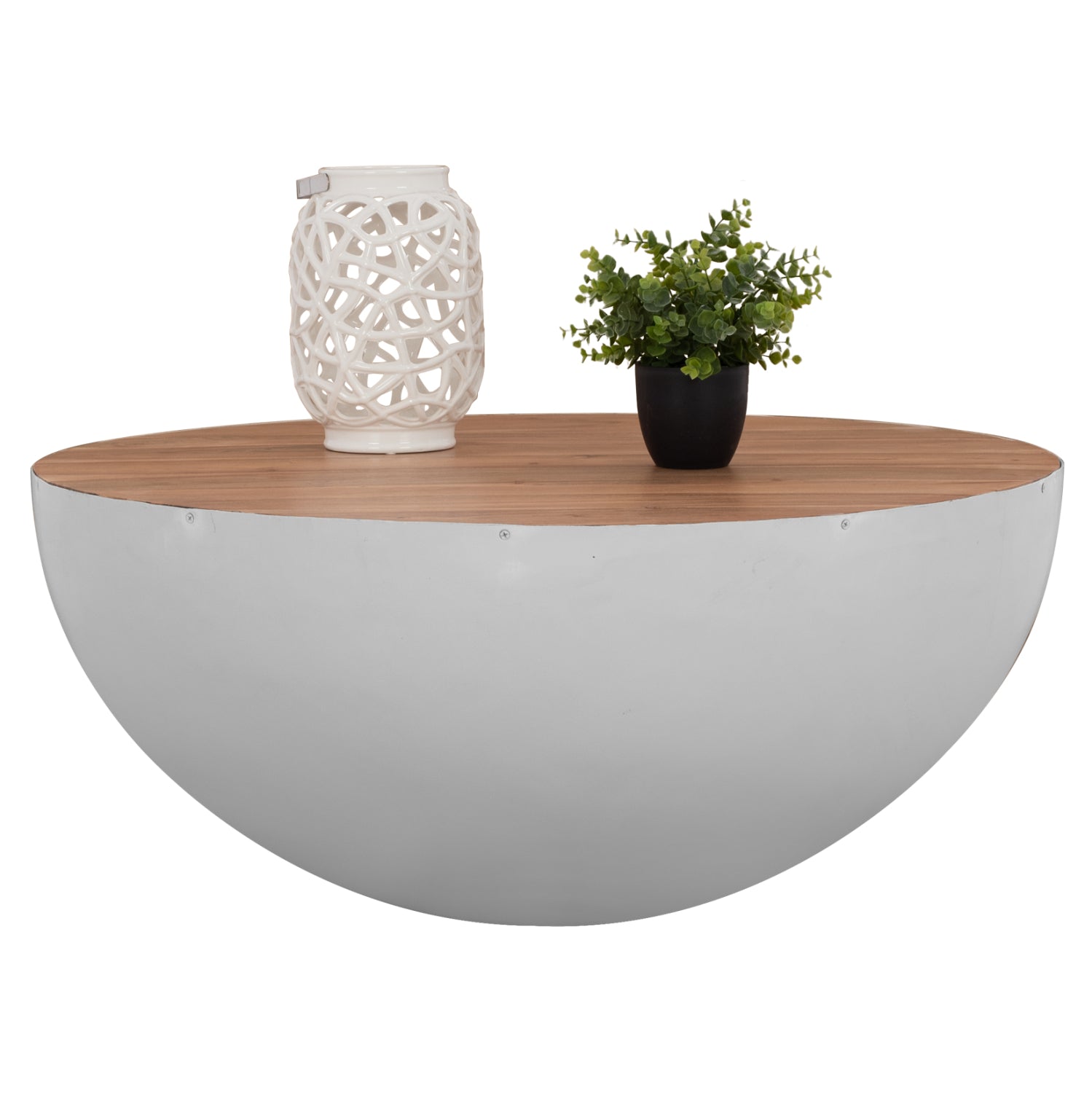 Декоративна кръгла масичка за кафе Bowl 90 см, бяла с акациево дърво