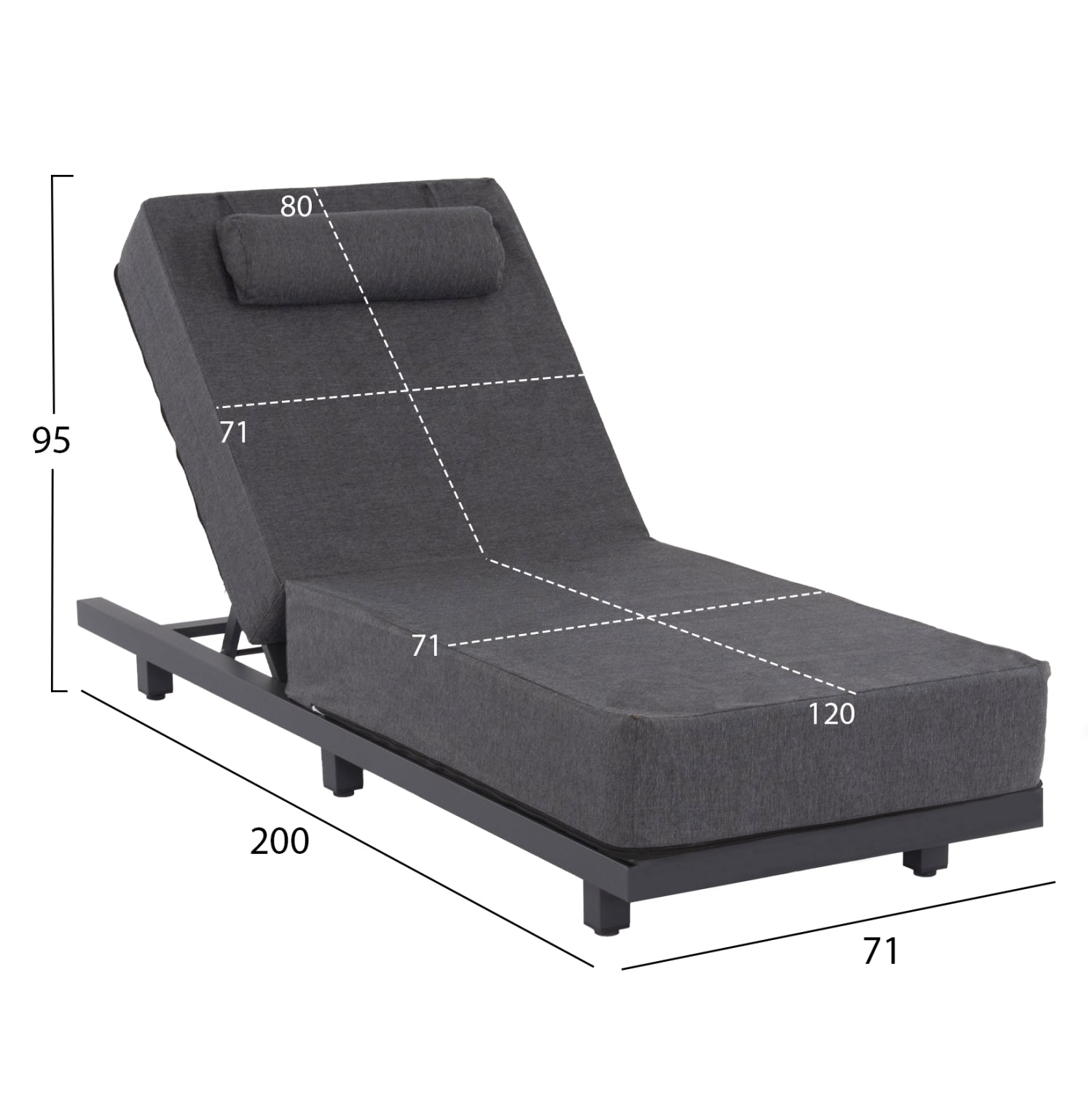 ПРОФЕСИОНАЛЕН ШЕЗЛОНГ JESSIE ТЪМНО СИВ АЛУМИНИЙ И ВЪЗГЛАВНИЦА 200x71x79Hсм.