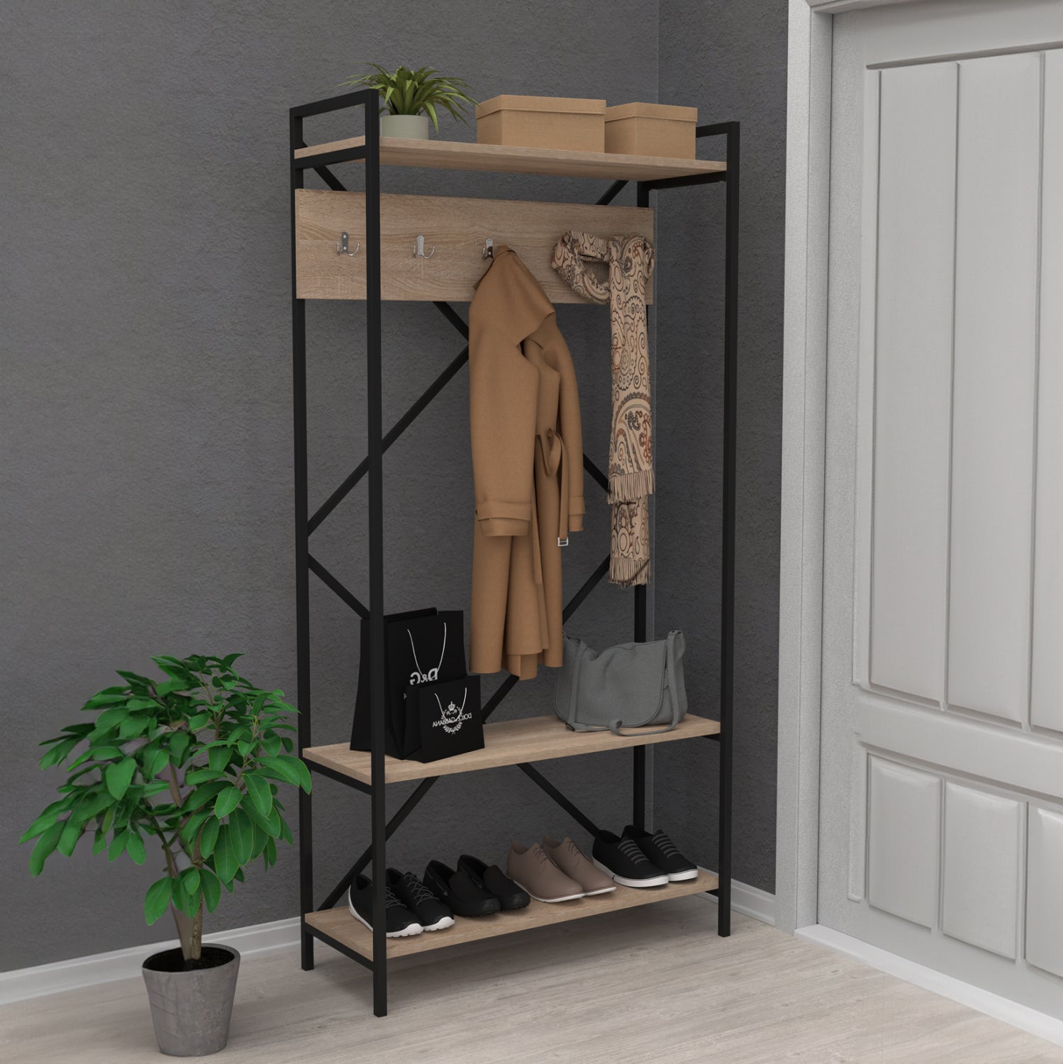 АНТРЕ МЕБЕЛ NAVIS МЕЛАМИН СОНАМА-ЧЕРЕН МЕТАЛНА РАМКА 90x34x180Hсм.
