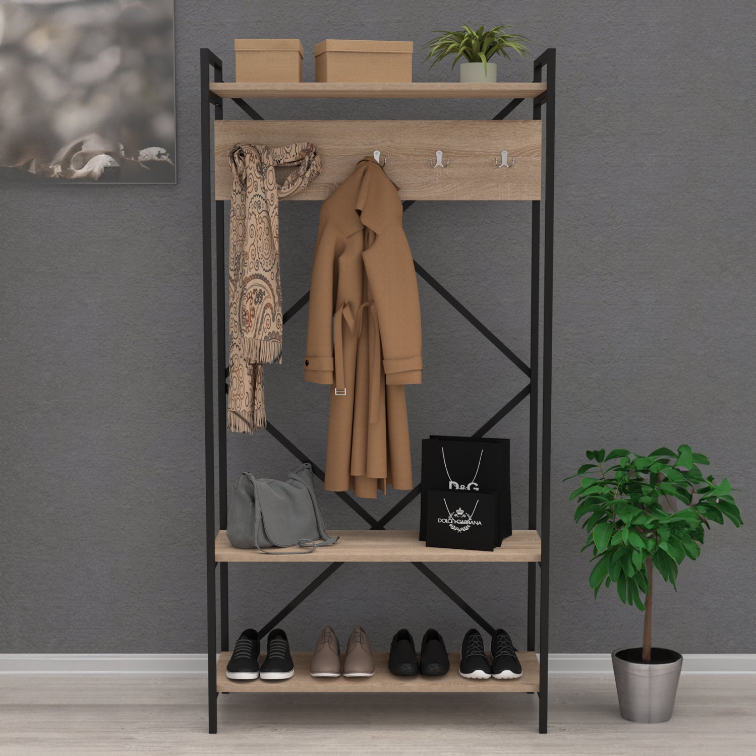 АНТРЕ МЕБЕЛ NAVIS МЕЛАМИН СОНАМА-ЧЕРЕН МЕТАЛНА РАМКА 90x34x180Hсм.
