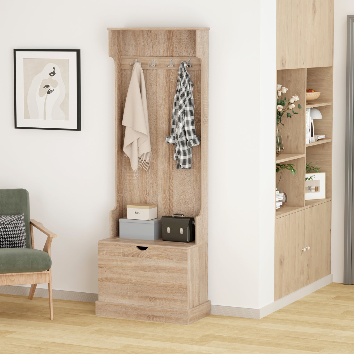 Антре KAYLOR с куки и място за съхранение - MDF в цвят сонома 65x34x180Hсм.