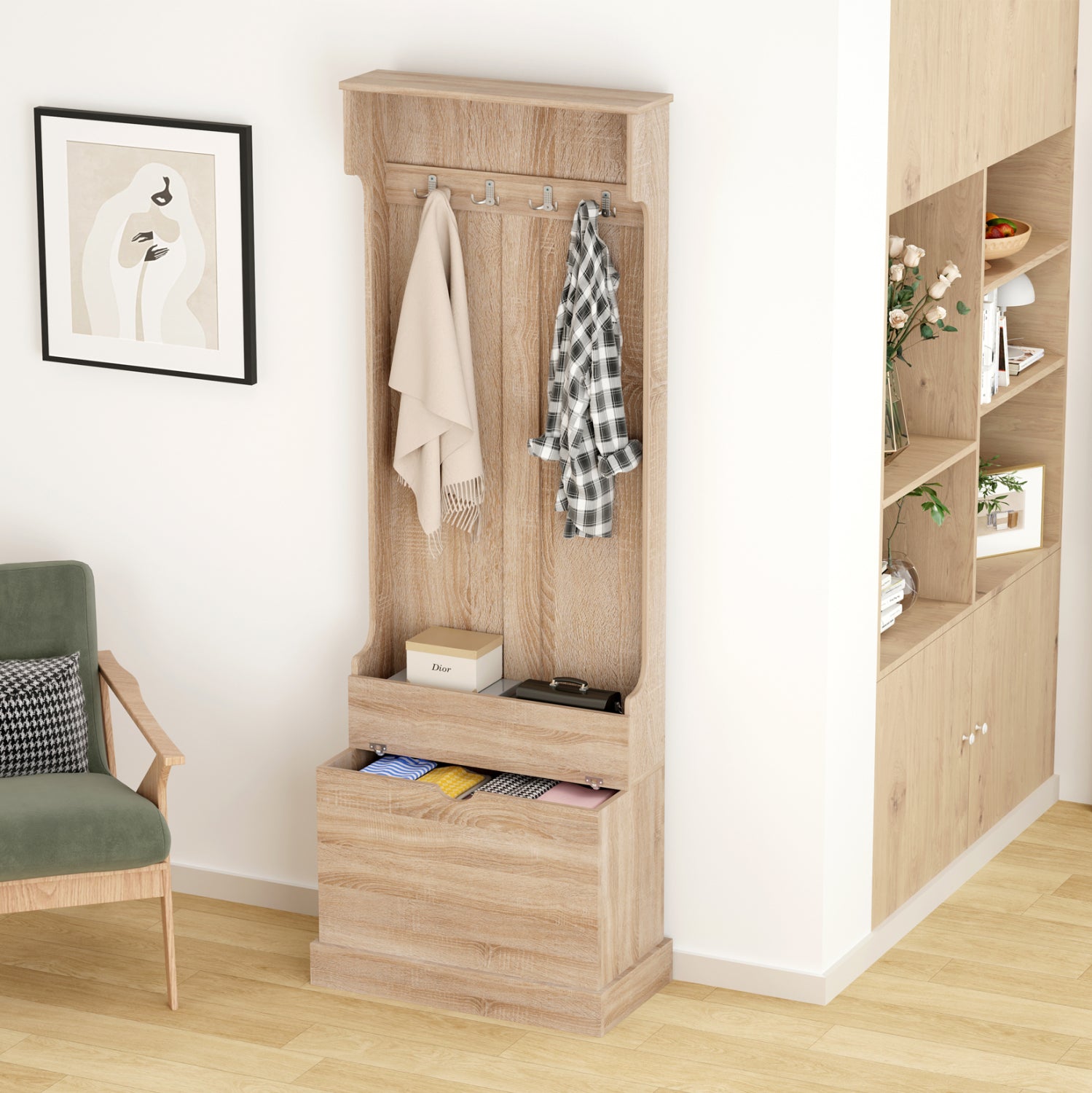 Антре KAYLOR с куки и място за съхранение - MDF в цвят сонома 65x34x180Hсм.