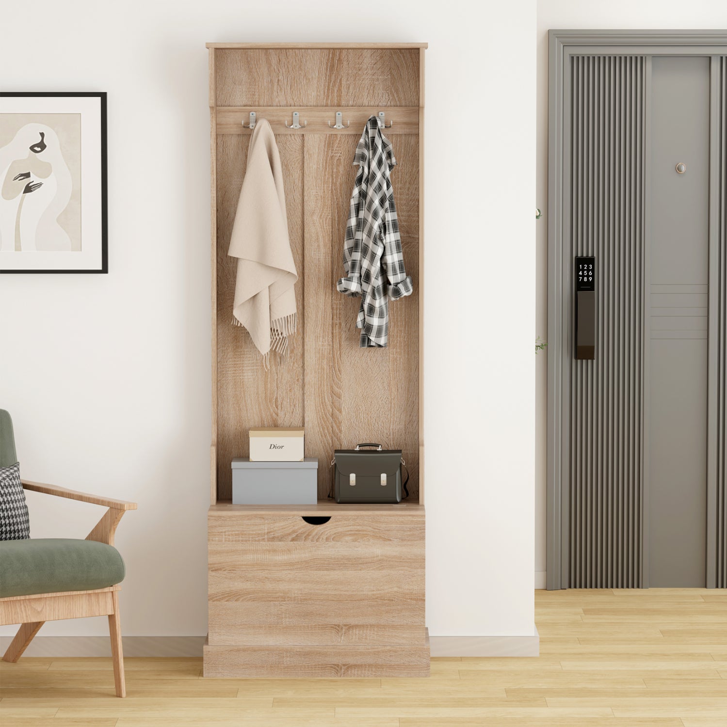 Антре KAYLOR с куки и място за съхранение - MDF в цвят сонома 65x34x180Hсм.