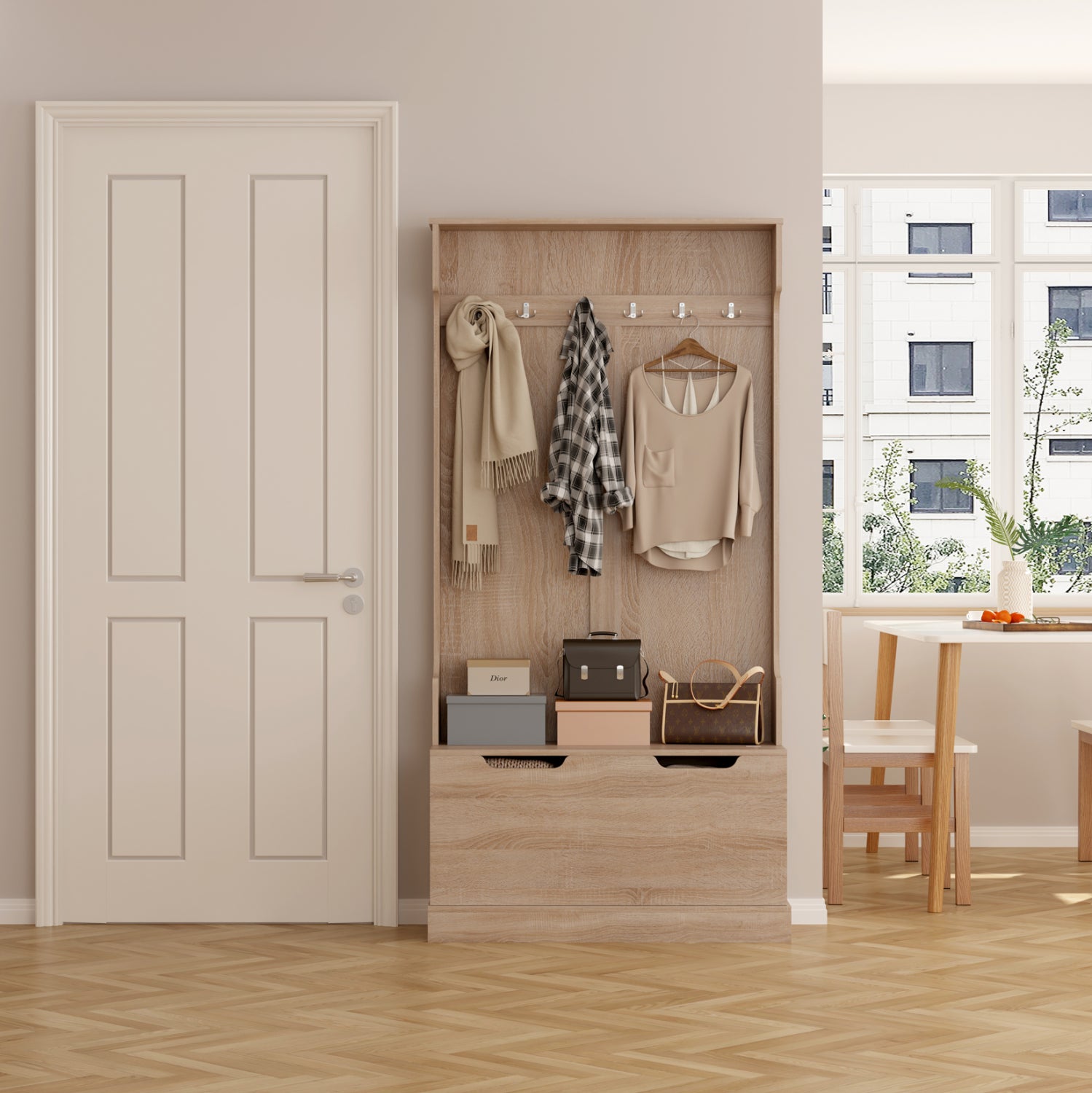 Антре KAYLOR с куки и място за съхранение - MDF в цвят сонома 93x34x180Hсм.
