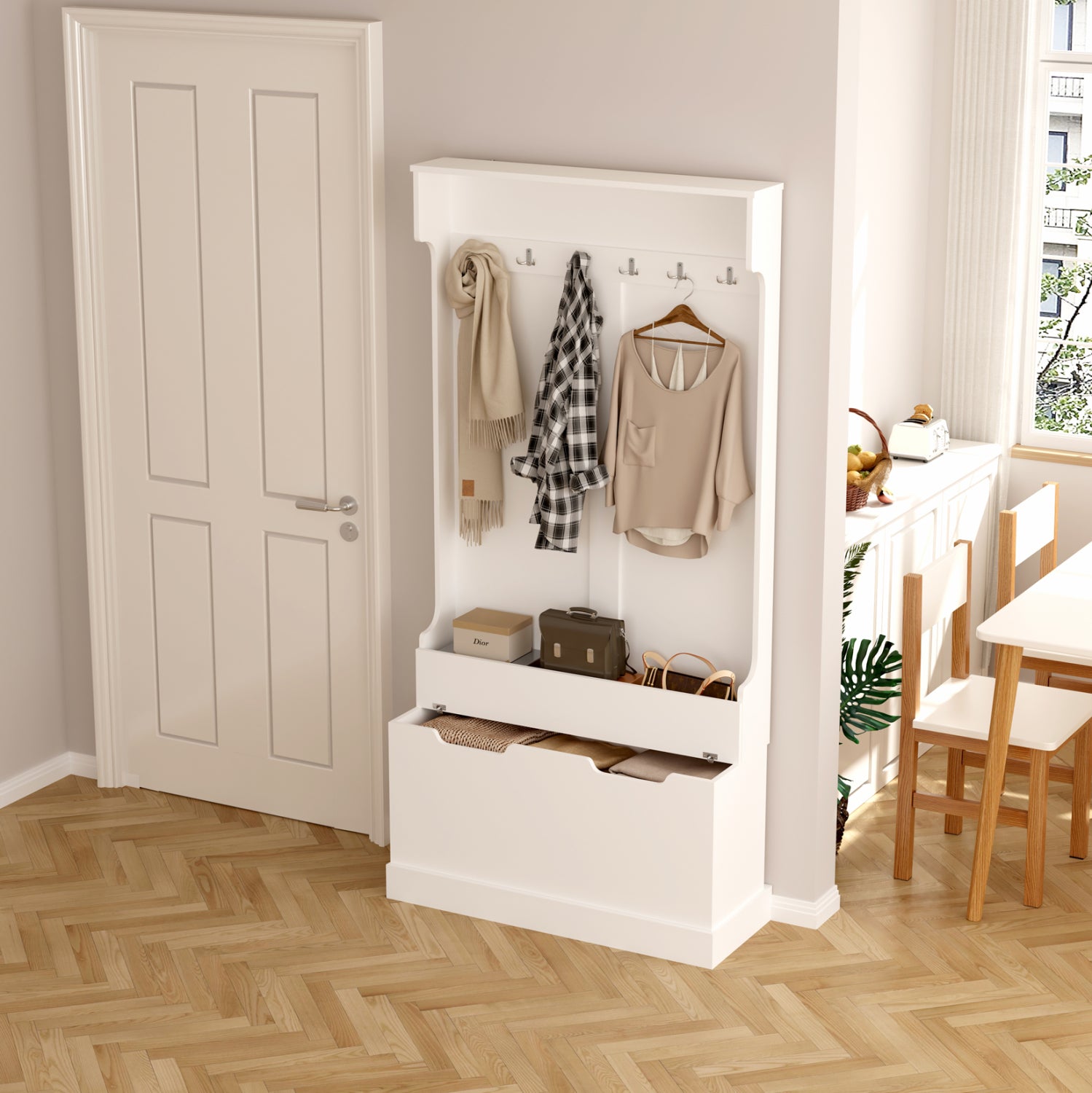 Антре KAYLOR с куки и място за съхранение - MDF бял 93x34x180Hсм.