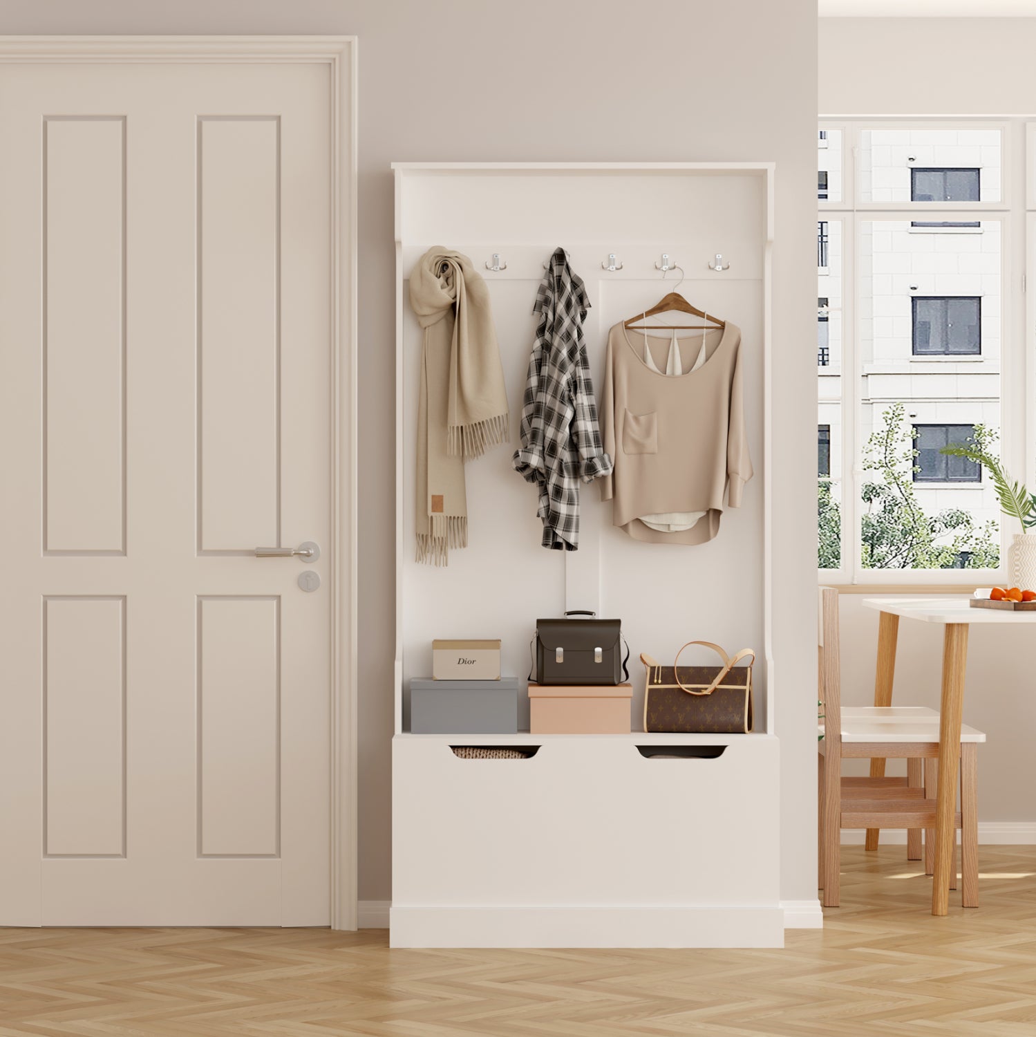 Антре KAYLOR с куки и място за съхранение - MDF бял 93x34x180Hсм.