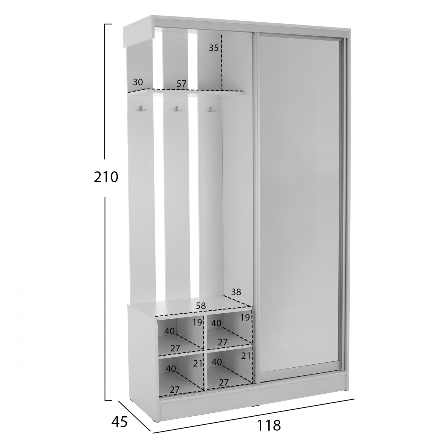 Антре с плъзгащ гардероб и огледало Dulce бял 118x45x210 см.