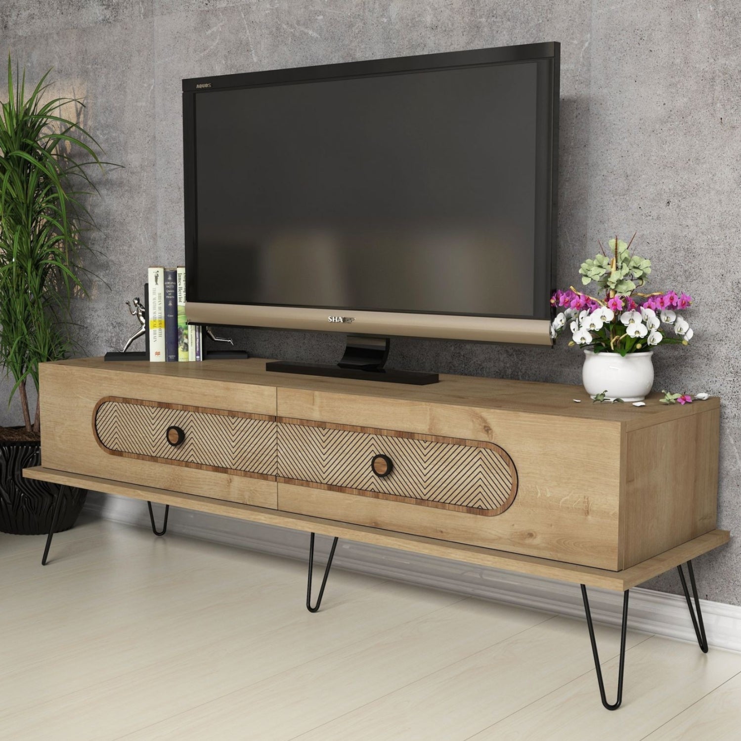ТВ ШКАФ МЕЛАМИН В ЦВЯТ ЕСТЕСТВЕН ДЪБ МЕТАЛНИ КРАКА 145x40x45Hсм.