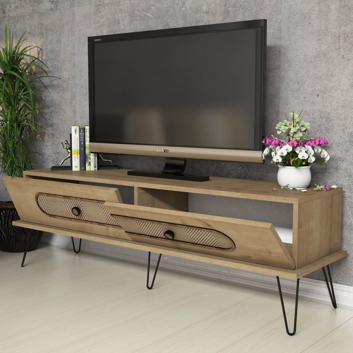 ТВ ШКАФ МЕЛАМИН В ЦВЯТ ЕСТЕСТВЕН ДЪБ МЕТАЛНИ КРАКА 145x40x45Hсм.