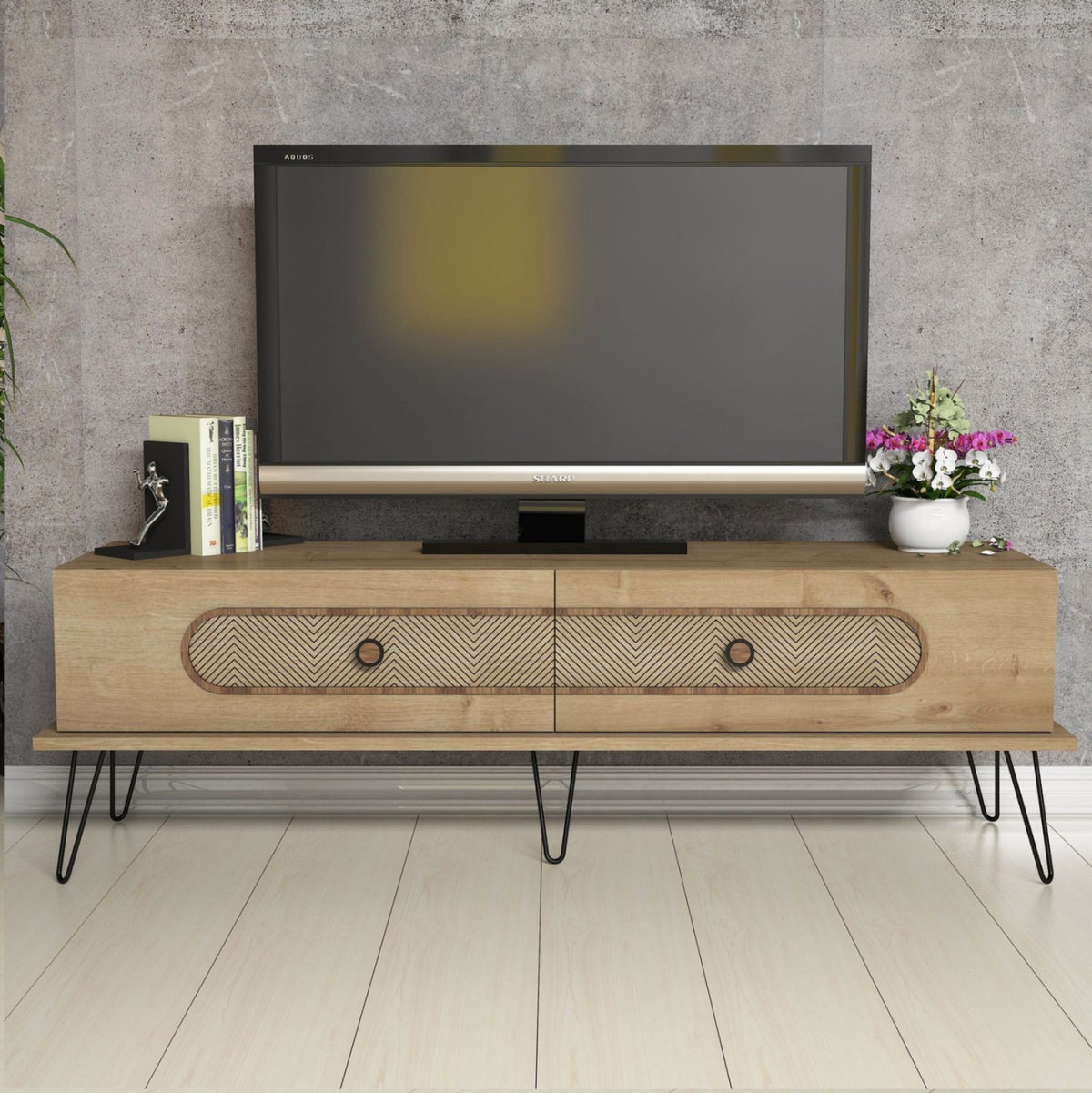 ТВ ШКАФ МЕЛАМИН В ЦВЯТ ЕСТЕСТВЕН ДЪБ МЕТАЛНИ КРАКА 145x40x45Hсм.