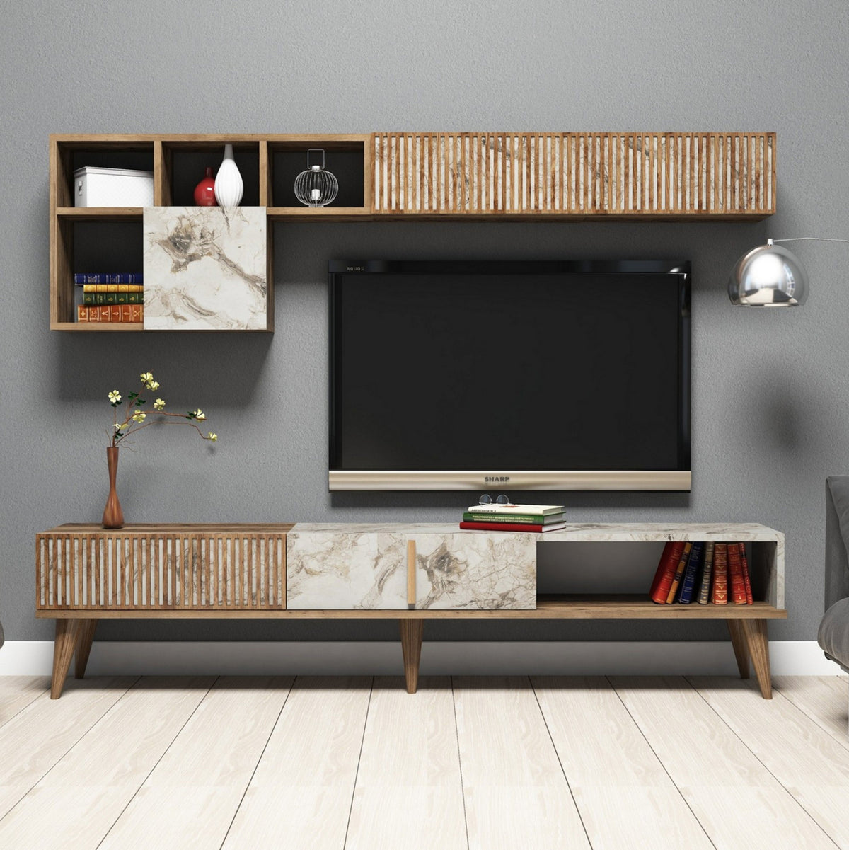 ТВ шкаф меламин орех и бял мрамор 180x35x40Hсм.