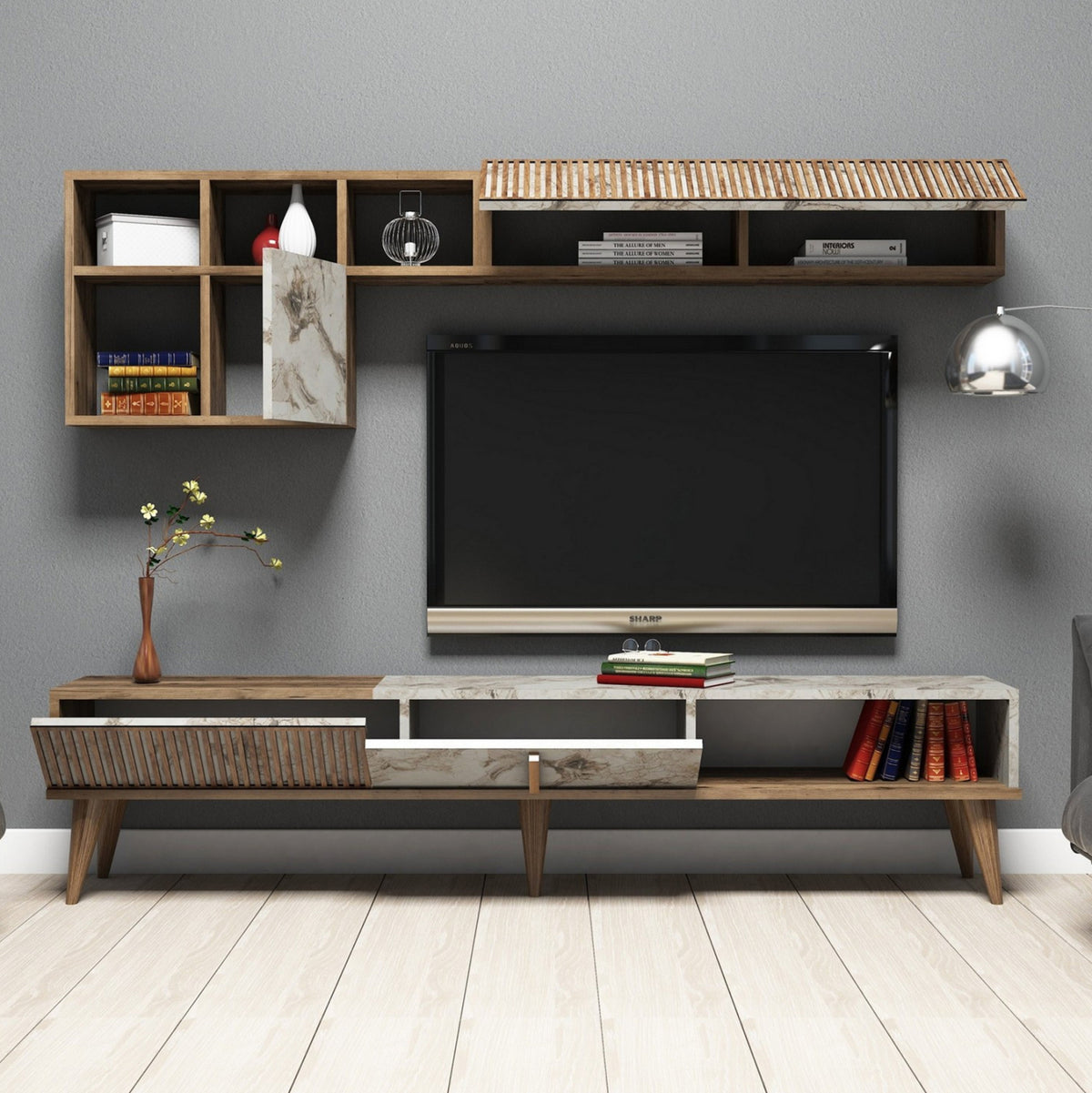 ТВ шкаф меламин орех и бял мрамор 180x35x40Hсм.