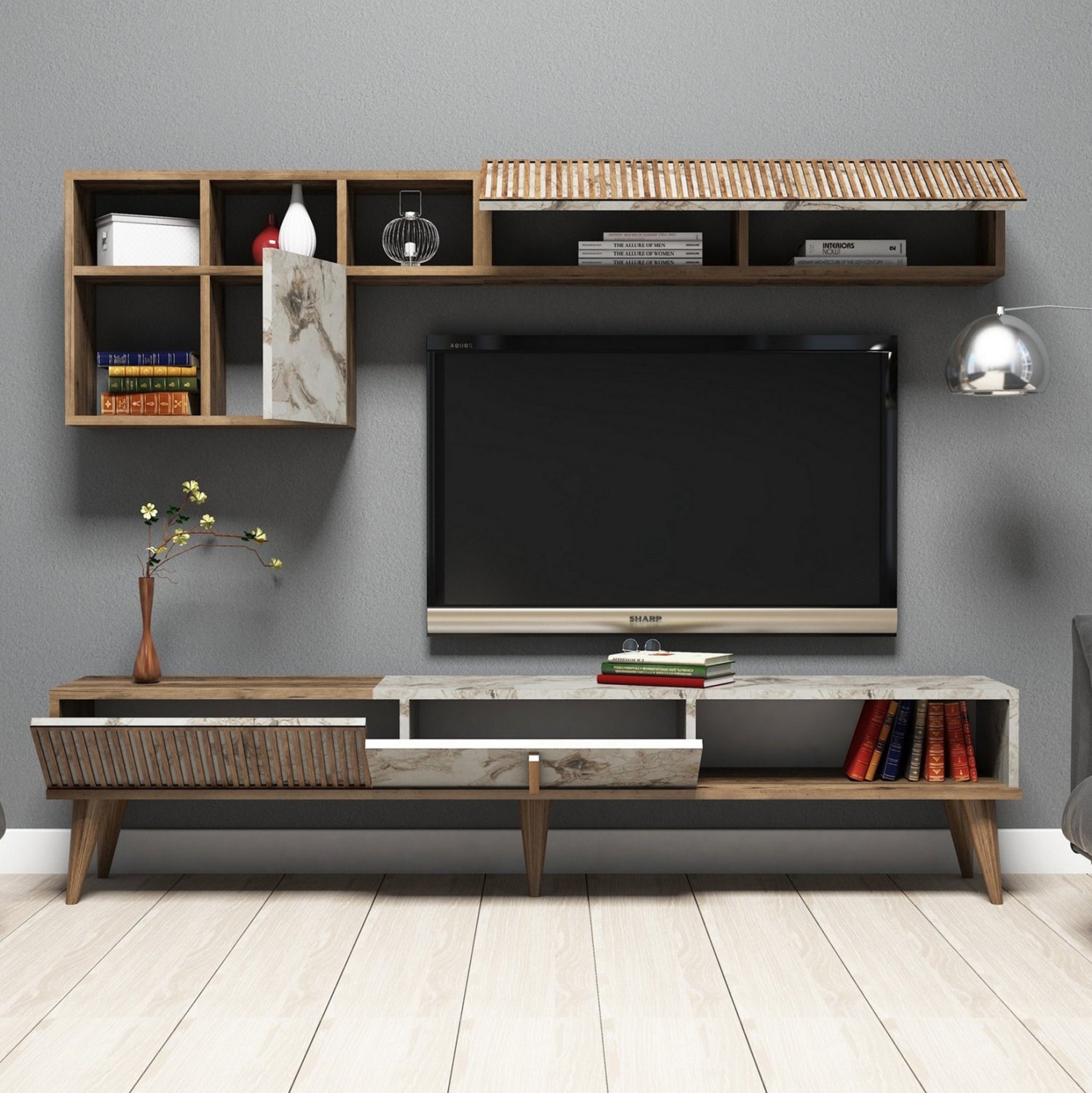 ТВ шкаф меламин орех и бял мрамор 180x35x40Hсм.
