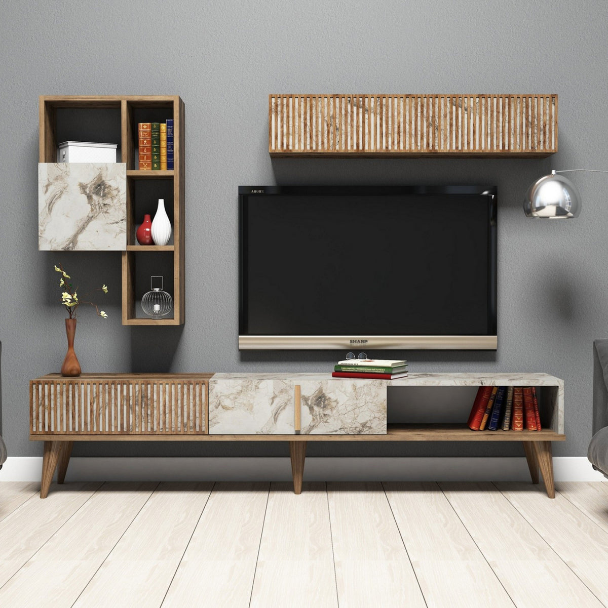 ТВ шкаф меламин орех и бял мрамор 180x35x40Hсм.