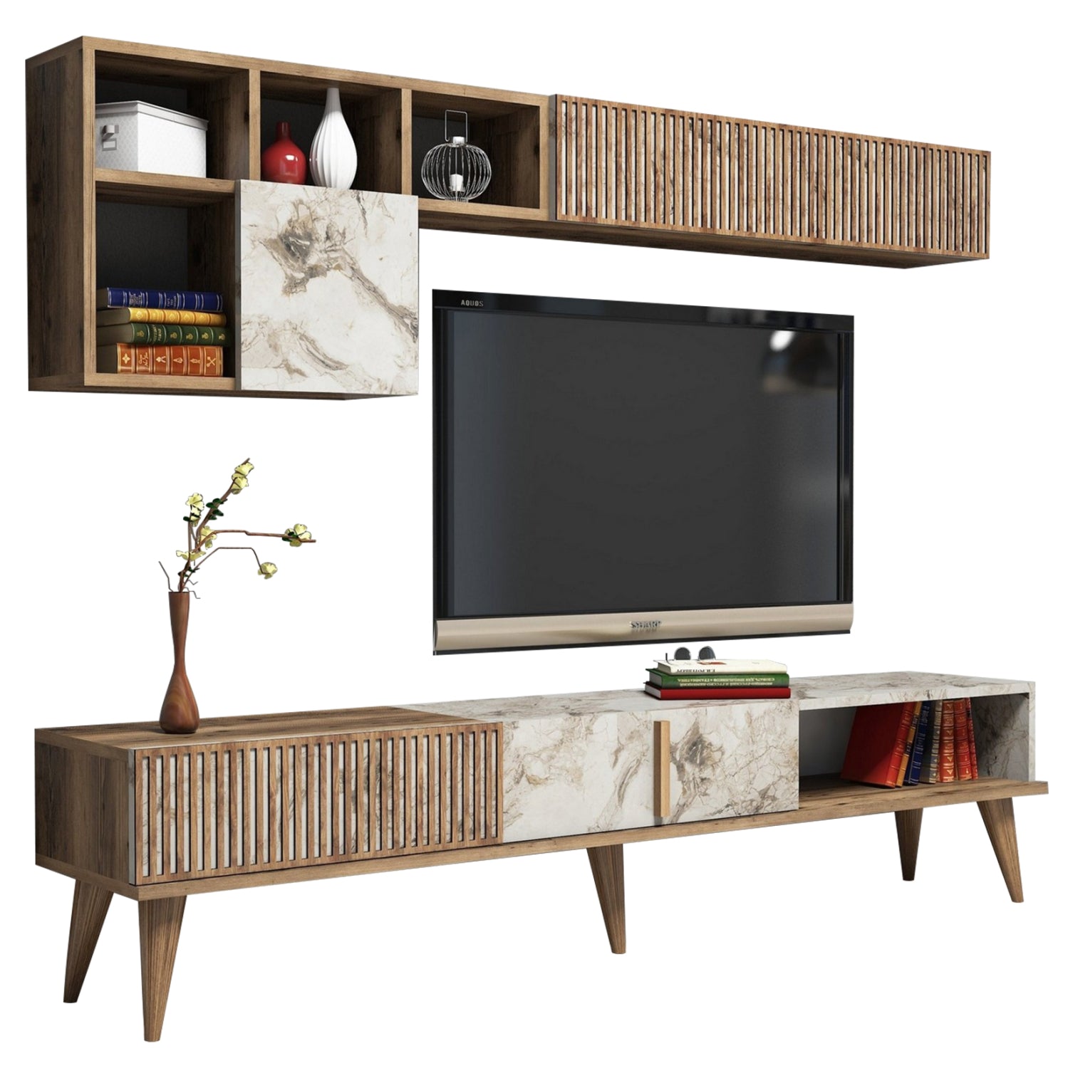 ТВ шкаф меламин орех и бял мрамор 180x35x40Hсм.