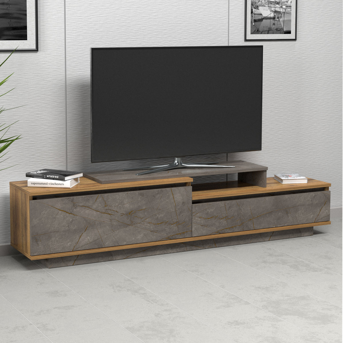 ТВ МЕБЕЛ LEIS МЕЛАМИН ЕСТЕСТВЕН & СИВ МРАМОРЕН ЦВЯТ 180x35x42Hсм.