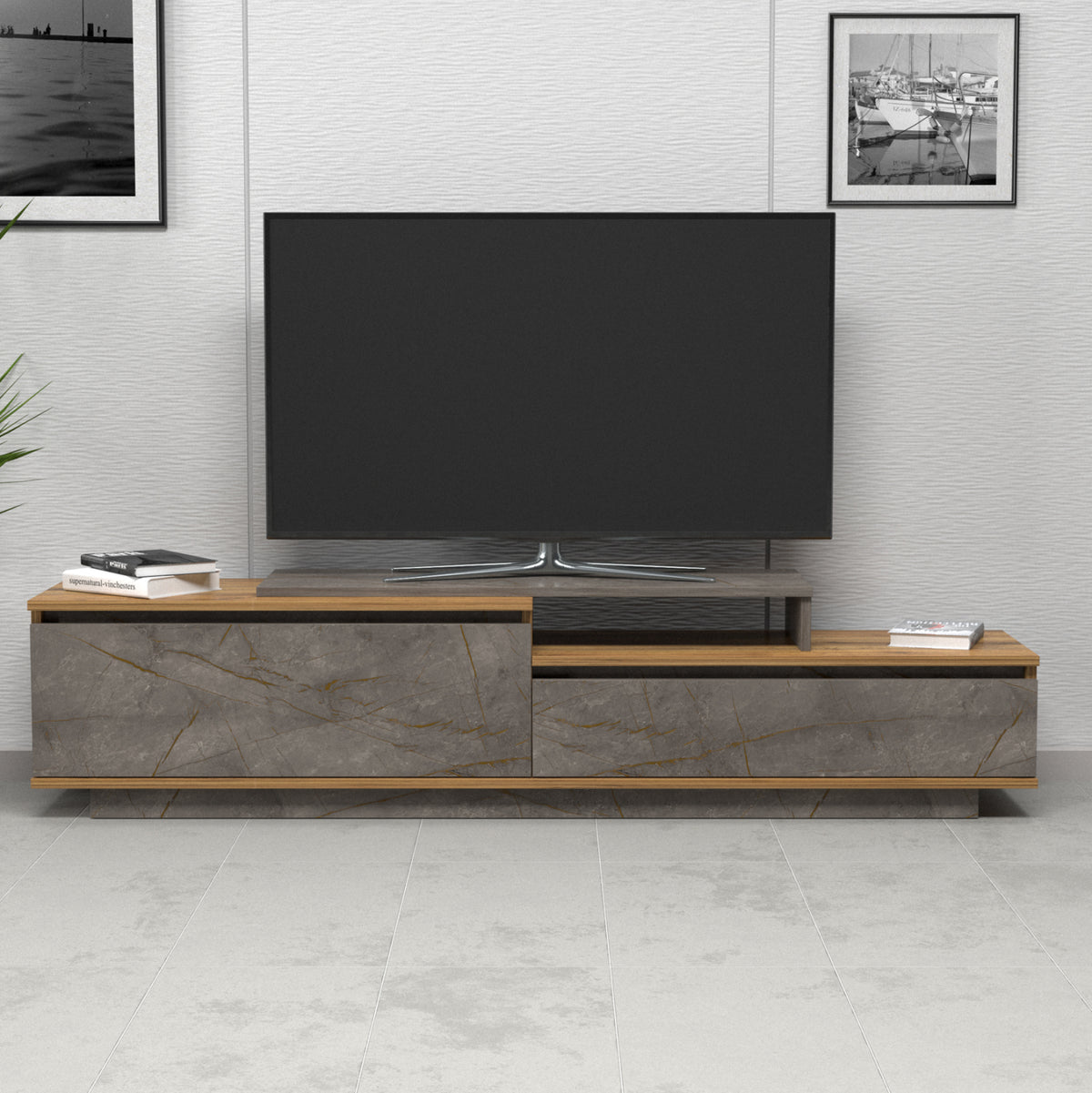 ТВ МЕБЕЛ LEIS МЕЛАМИН ЕСТЕСТВЕН & СИВ МРАМОРЕН ЦВЯТ 180x35x42Hсм.